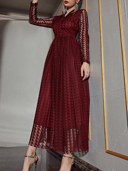 Dresses Fashion Casual Mesh Hollowed V-Neck Long-sleeved Maxi Dress - LuckyFash™