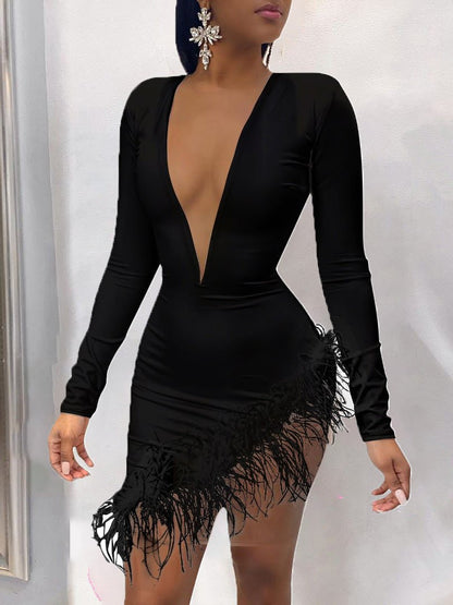 Dresses Feather Stitching Deep V-Neck Slim Dress - LuckyFash™