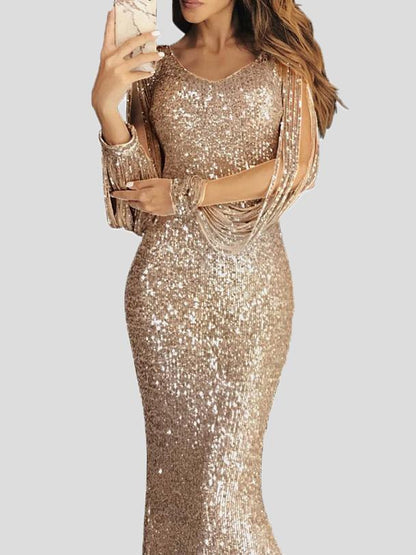 Dresses Fringed Long Sleeve Wrap Evening Dress - LuckyFash™