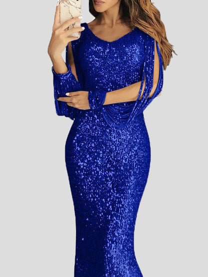 Dresses Fringed Long Sleeve Wrap Evening Dress - LuckyFash™