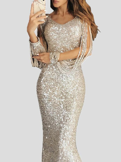 Dresses Fringed Long Sleeve Wrap Evening Dress - LuckyFash™