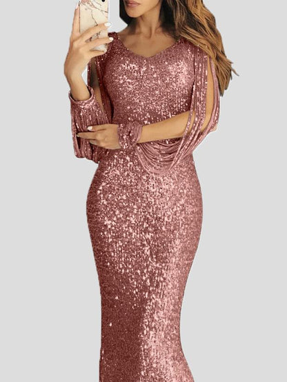 Dresses Fringed Long Sleeve Wrap Evening Dress - LuckyFash™