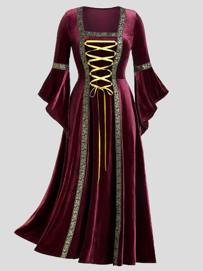 Dresses Gothic Punk Style Long Sleeve Lace-Up Gold Velvet Dress - LuckyFash™
