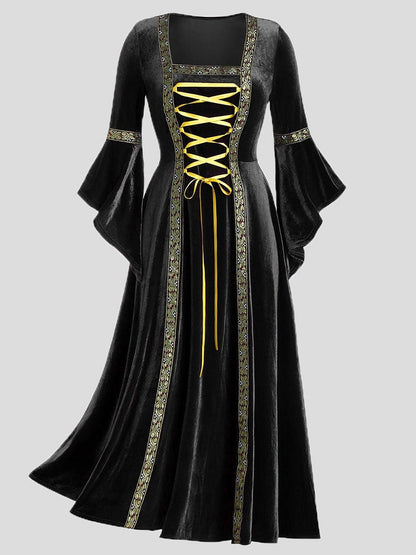 Dresses Gothic Punk Style Long Sleeve Lace-Up Gold Velvet Dress - LuckyFash™