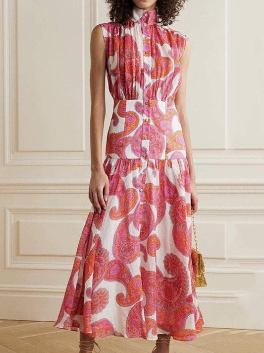 Dresses High Neck Button Sleeveless Print Dress - LuckyFash™