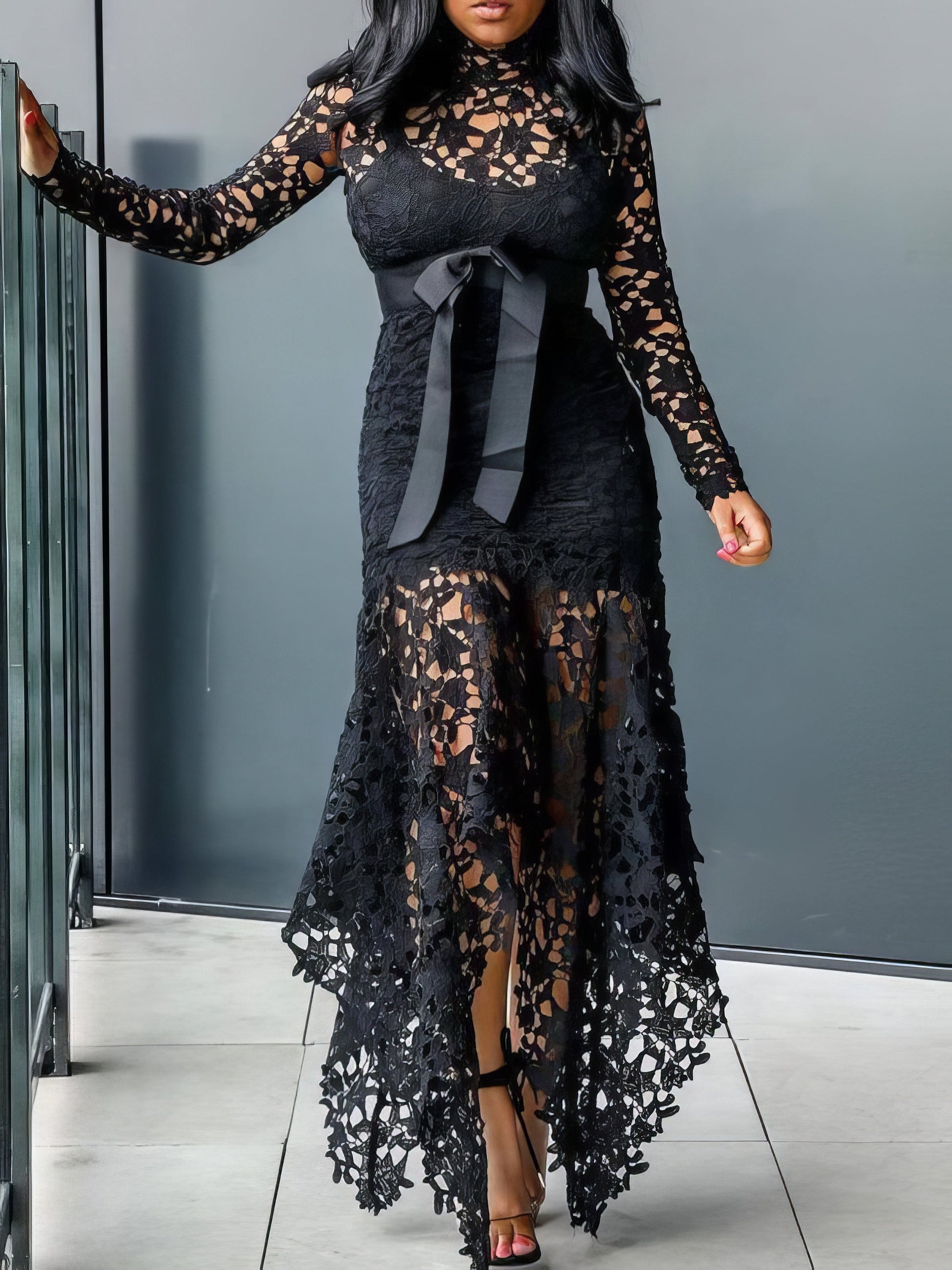 Dresses Lace Hollow Long Sleeve Stand Collar Irregular Dress - LuckyFash™