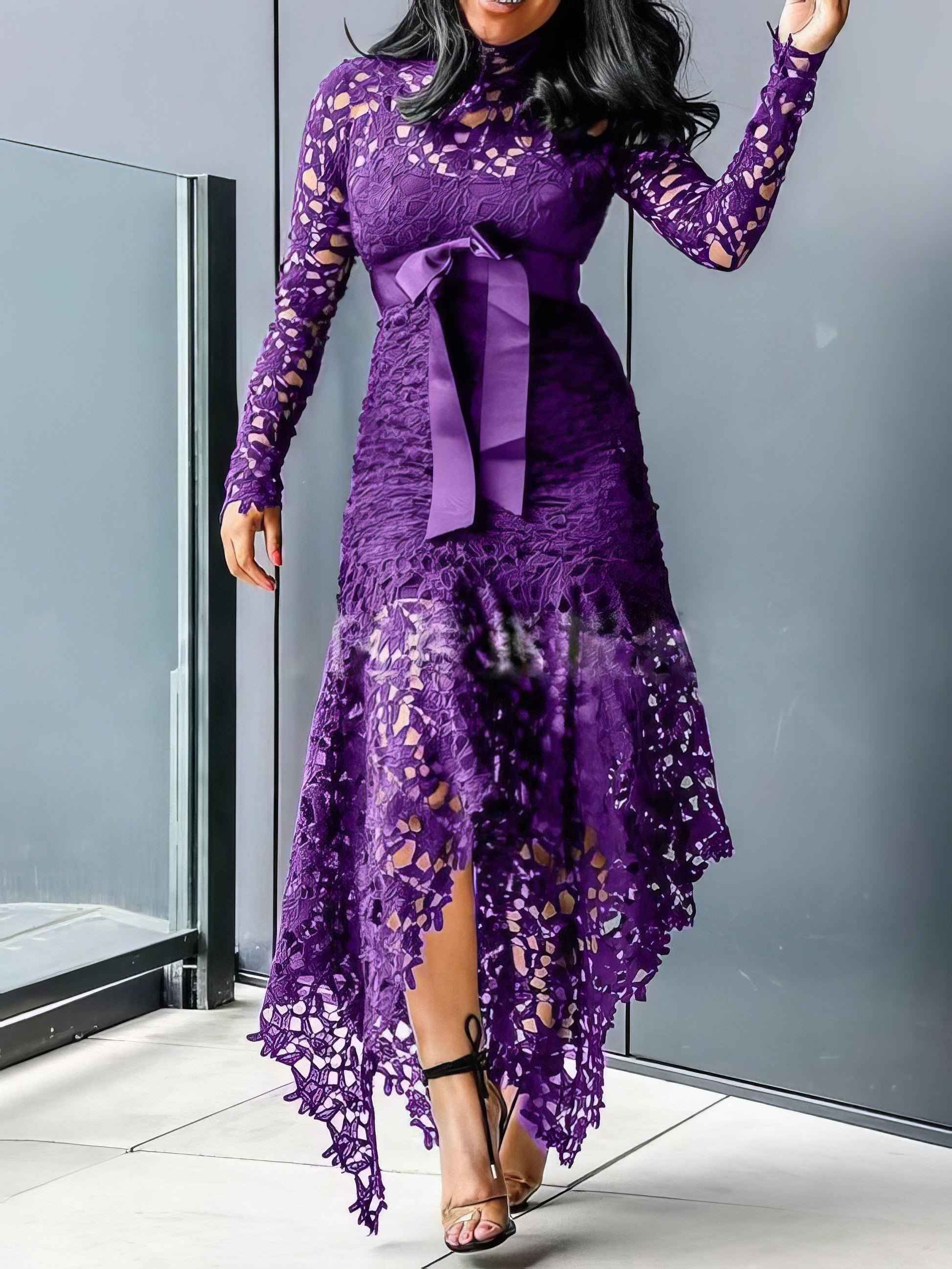 Dresses Lace Hollow Long Sleeve Stand Collar Irregular Dress - LuckyFash™