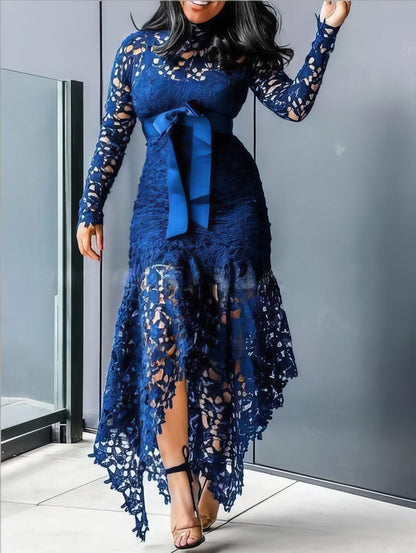 Dresses Lace Hollow Long Sleeve Stand Collar Irregular Dress - LuckyFash™