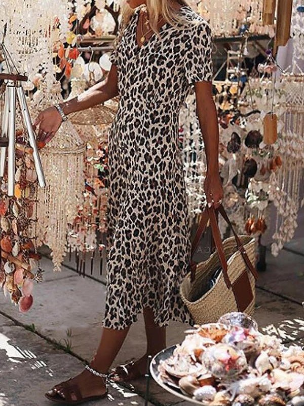 Dresses Leopard Print V-Neck Short Sleeve Dress - LuckyFash™