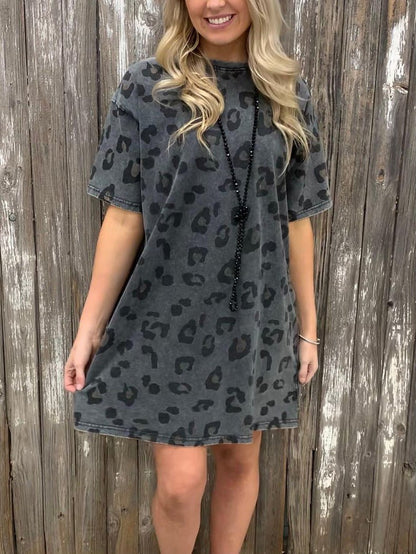 Dresses Loose Leopard Print Crew Neck Short Sleeve Dress - LuckyFash™