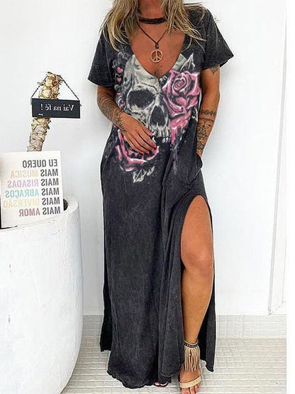 Dresses Loose Skull Print Short Sleeve Slit Dress - LuckyFash™