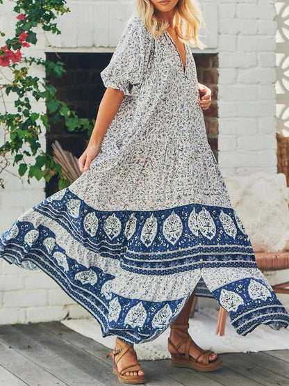 Dresses Loose Vintage Print V-Neck Short Sleeve Maxi Dress - LuckyFash™