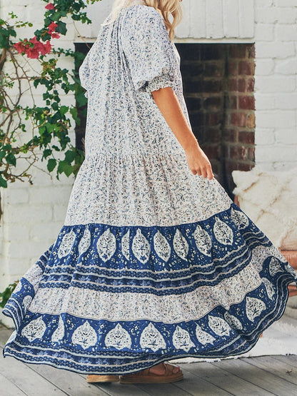 Dresses Loose Vintage Print V-Neck Short Sleeve Maxi Dress - LuckyFash™
