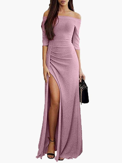 Dresses Off Shoulder Mid Sleeve Slit Dress - LuckyFash™