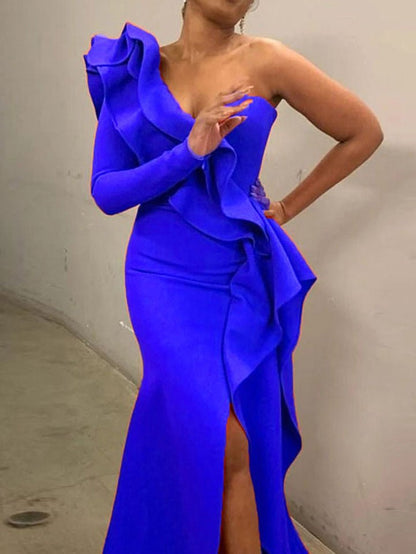 Dresses One Shoulder Ruffled Irregular Slit Dress - LuckyFash™