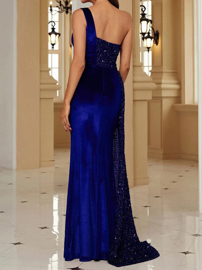 Dresses One Shoulder Sequin Panel Slit Party Dress - LuckyFash™