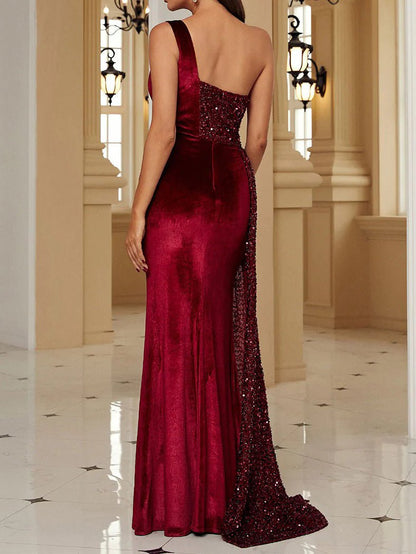 Dresses One Shoulder Sequin Panel Slit Party Dress - LuckyFash™