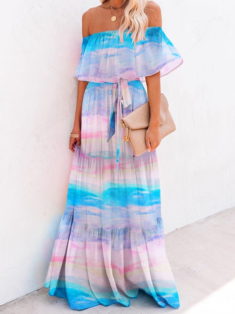 Dresses One-Shoulder Tie-Dye Ruffled Lace-Up Dress - LuckyFash™