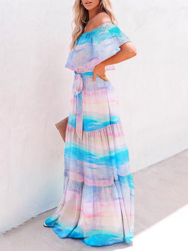 Dresses One-Shoulder Tie-Dye Ruffled Lace-Up Dress - LuckyFash™