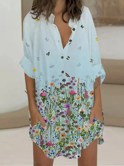 Dresses Printed 3/4 Sleeve Shirt Dress - LuckyFash™