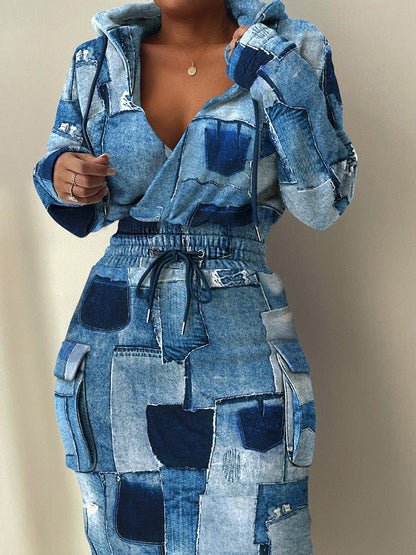 Dresses Printed Elastic Waist Pocket Hooded Dress - LuckyFash™