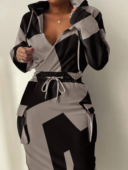 Dresses Printed Elastic Waist Pocket Hooded Dress - LuckyFash™