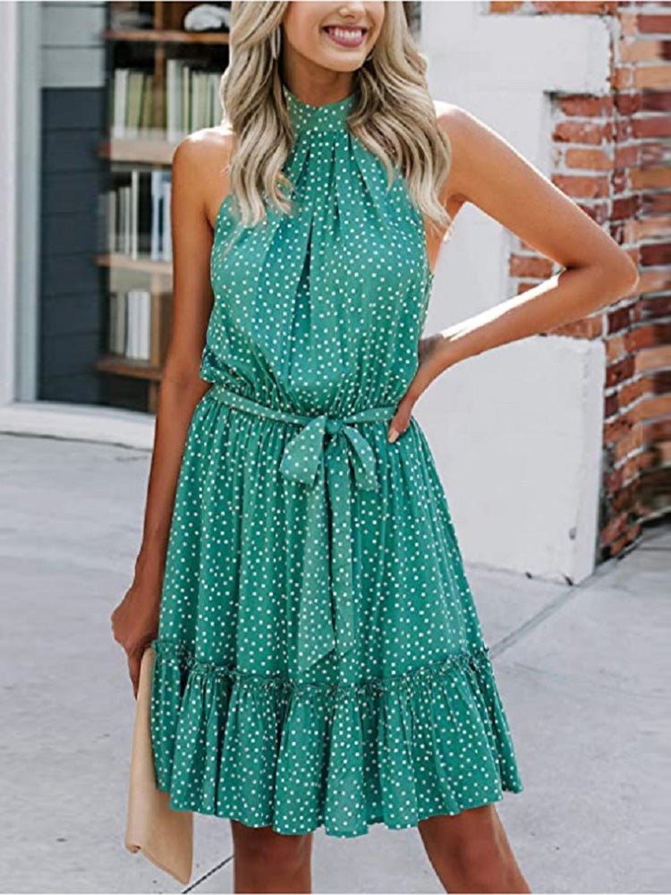 Dresses Printed Halterneck Tie Ruffle Dress - LuckyFash™