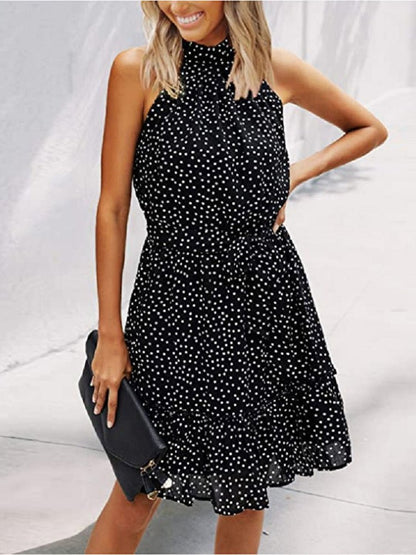 Dresses Printed Halterneck Tie Ruffle Dress - LuckyFash™