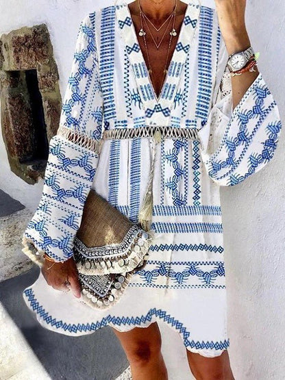 Dresses Printed Hollow Flared Long Sleeve Dress - LuckyFash™