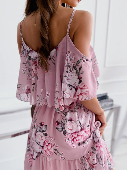 Dresses Printed Sling Off Shoulder Chiffon Dress - LuckyFash™