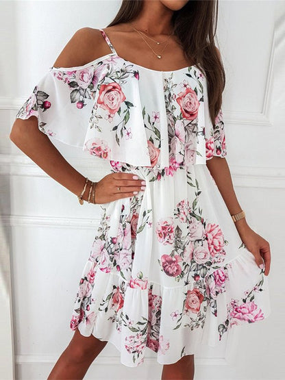 Dresses Printed Sling Off Shoulder Chiffon Dress - LuckyFash™