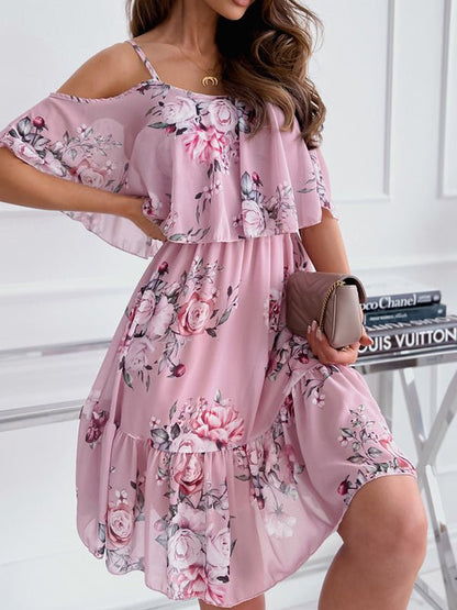 Dresses Printed Sling Off Shoulder Chiffon Dress - LuckyFash™