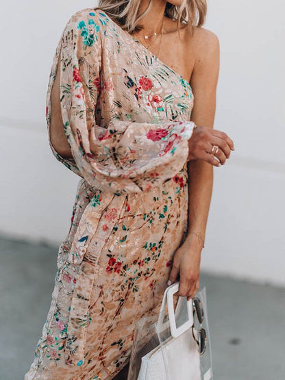 Dresses Printed Sloping Shoulder Slit Ruffle Dress - LuckyFash™