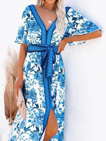 Dresses Printed V-Neck Belted Elegant Slit Dress - LuckyFash™