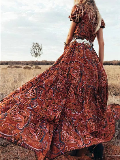 Dresses Printed V-Neck Short Sleeve Bohemian Dress - LuckyFash™