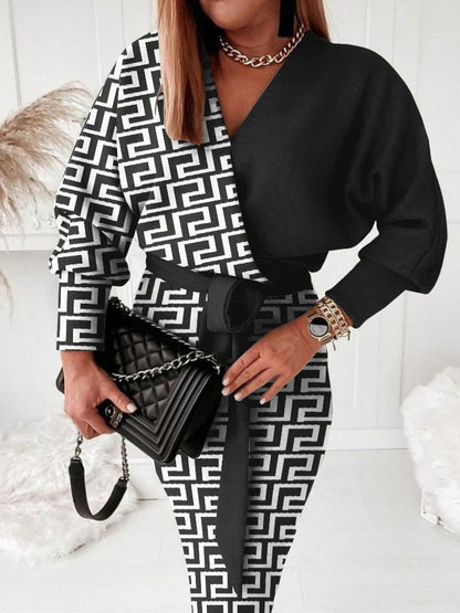 Dresses Printed V-Neck Tie Long Sleeve Dress - LuckyFash™