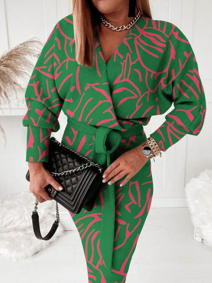 Dresses Printed V-Neck Tie Long Sleeve Dress - LuckyFash™