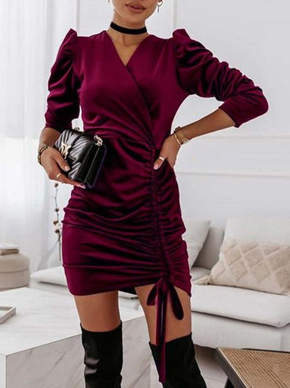 Dresses Puff Sleeve V-Neck Drawstring Dress - LuckyFash™