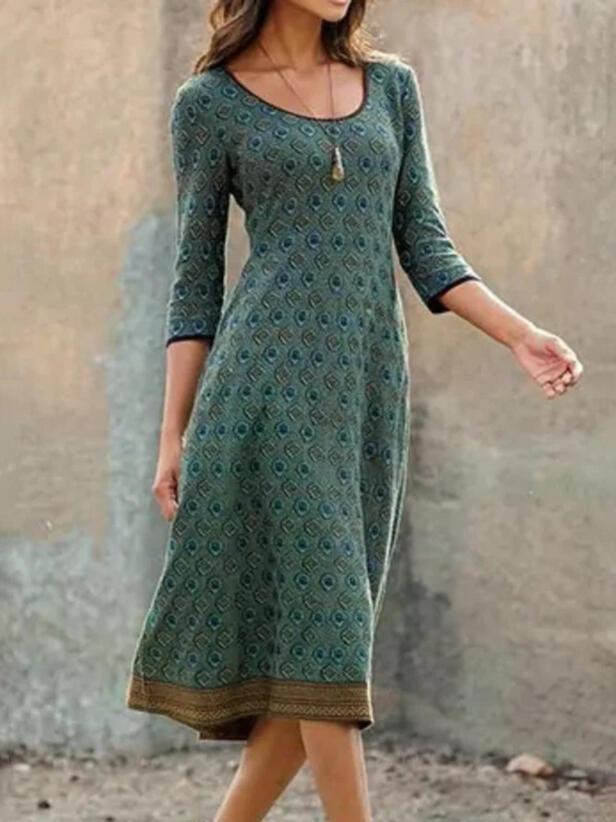 Dresses Round Neck Retro Print Long Sleeve Dress - LuckyFash™