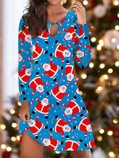 Dresses Santa Print Hollow Long Sleeve Mini Dress - LuckyFash™