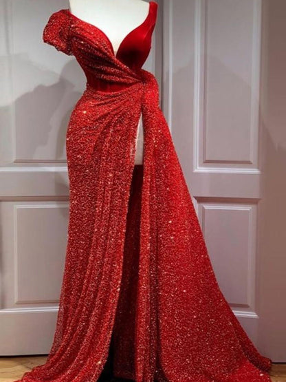 Dresses Sequin V-Neck Slit Evening Dress - LuckyFash™