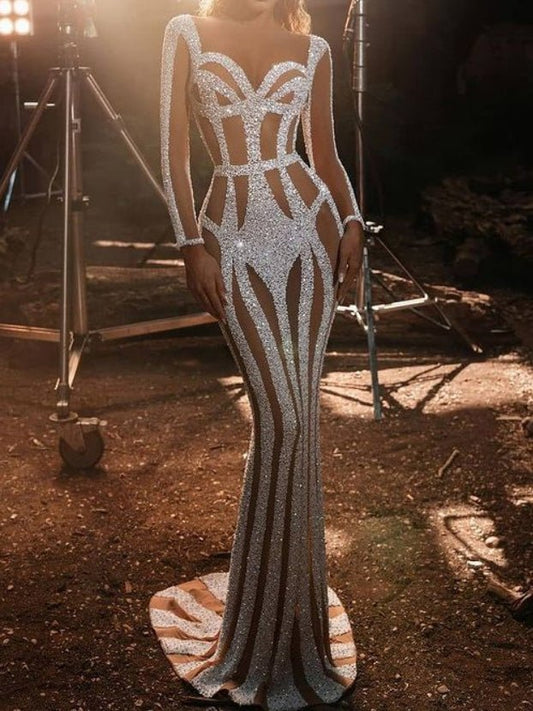 Dresses Shiny Mesh Long Sleeve Party Dress - LuckyFash™
