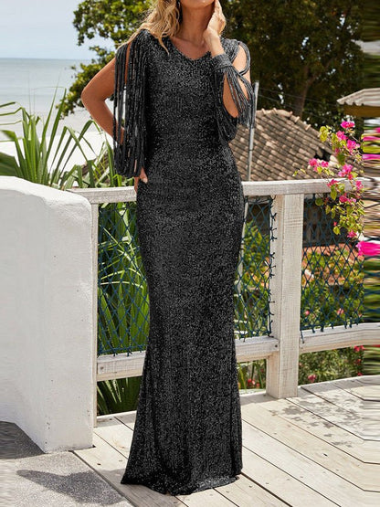 Dresses Shiny V-Neck Fringed Long Sleeve Dress - LuckyFash™