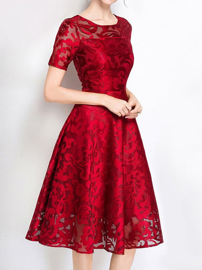 Dresses Short Sleeve Slim Fit Lace Swing Midi Dress - LuckyFash™