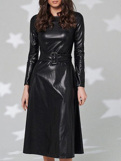 Dresses Simple Round Neck Belt Long Sleeve PU Leather Dress - LuckyFash™