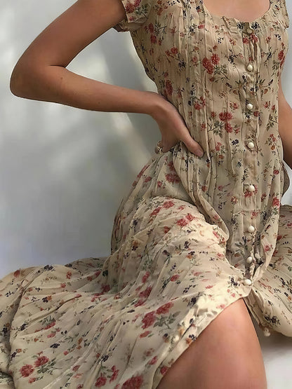 Dresses Single Breasted Floral Short Sleeve Dress - LuckyFash™