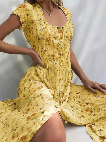 Dresses Single Breasted Floral Short Sleeve Dress - LuckyFash™