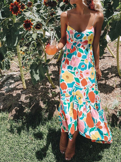 Dresses Sling Print Ruffle Sleeveless Dress - LuckyFash™