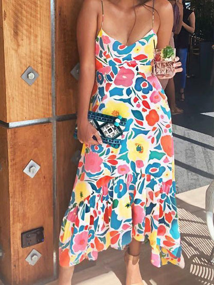 Dresses Sling Print Ruffle Sleeveless Dress - LuckyFash™