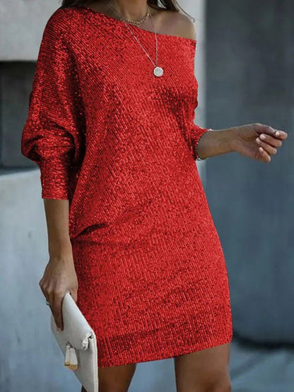 Dresses Sloping Shoulder Sequin Long Sleeve Dress - LuckyFash™